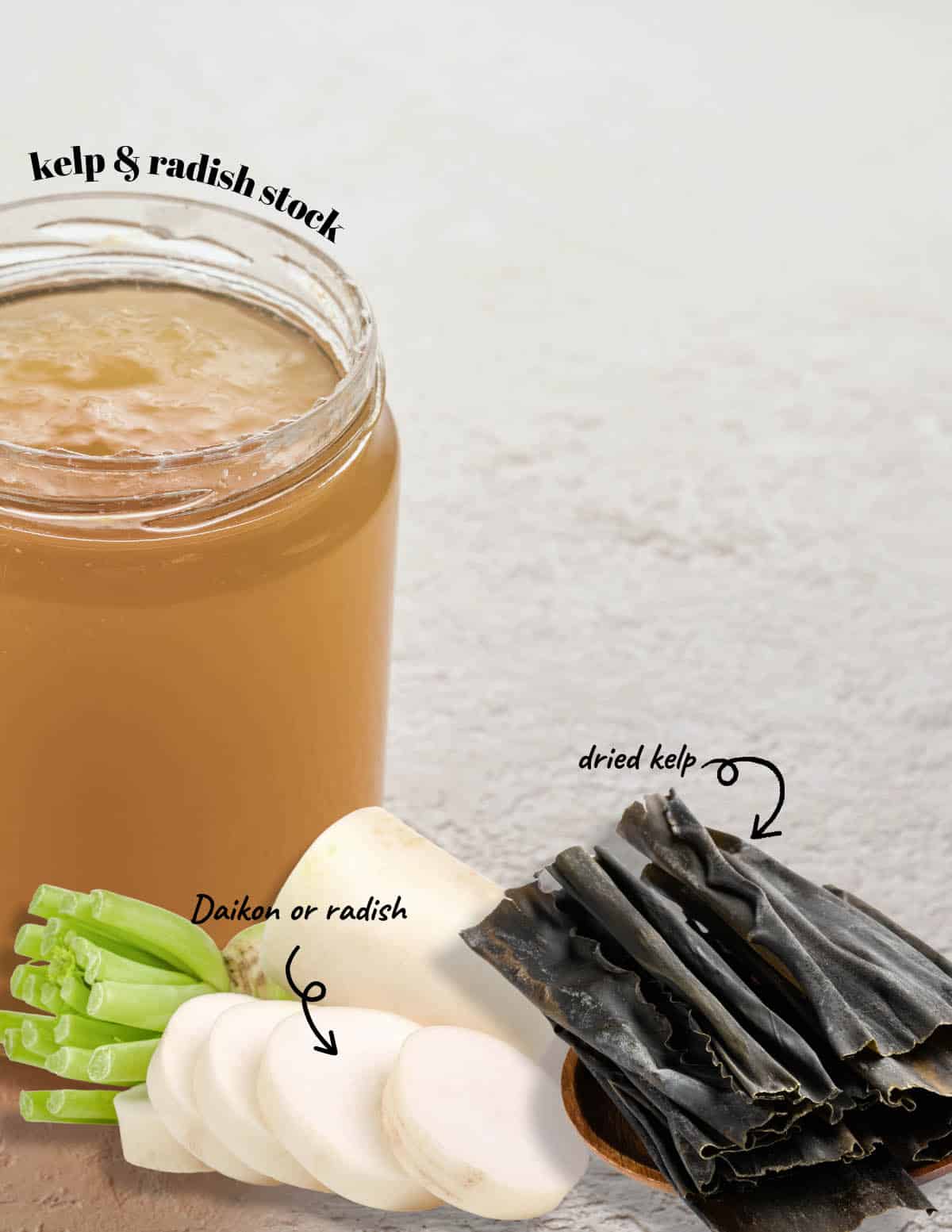 Homemade kelp and radish stock for an umami-rich, flavorful base for marinades and soups