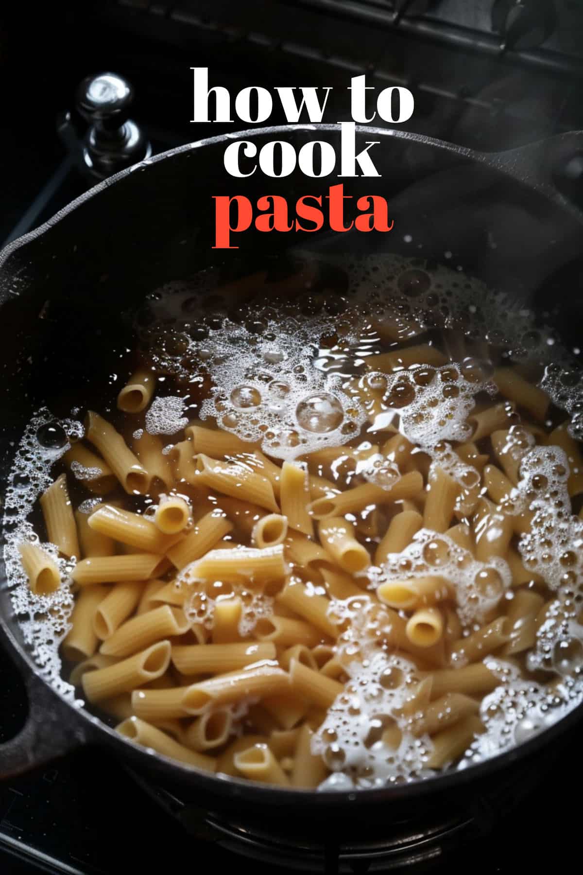 Close-up photo of perfectly cooked al dente pasta in a pot; firm, separate strands with a slight sheen.