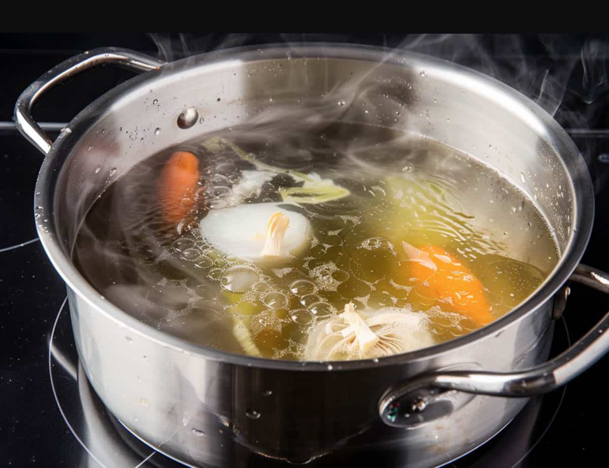 A large pot of clear, golden kelp and radish stock with pieces of kelp and radish visible.