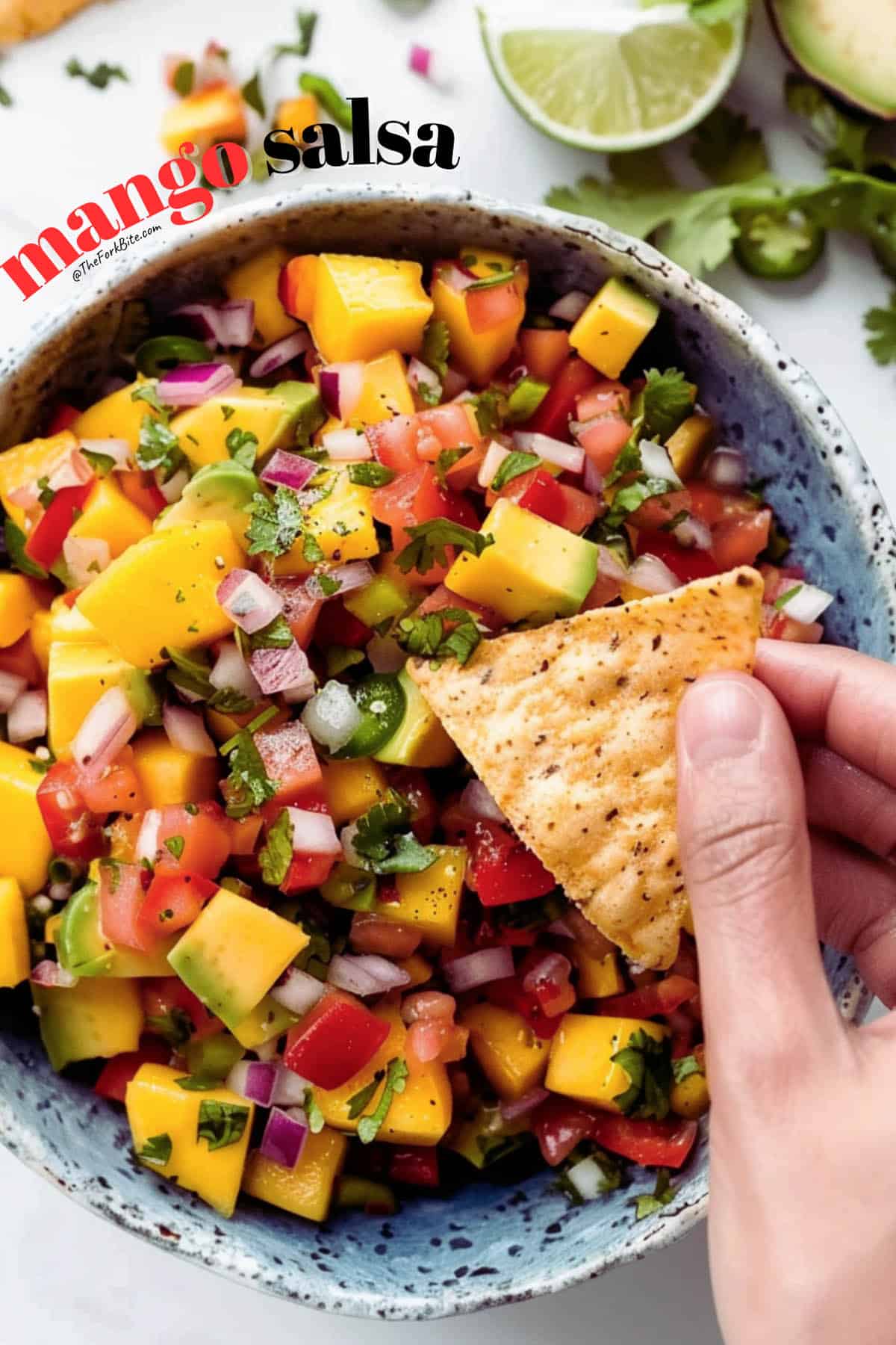 Chunky homemade mango salsa in a bowl, with vibrant colors and fresh ingredients.