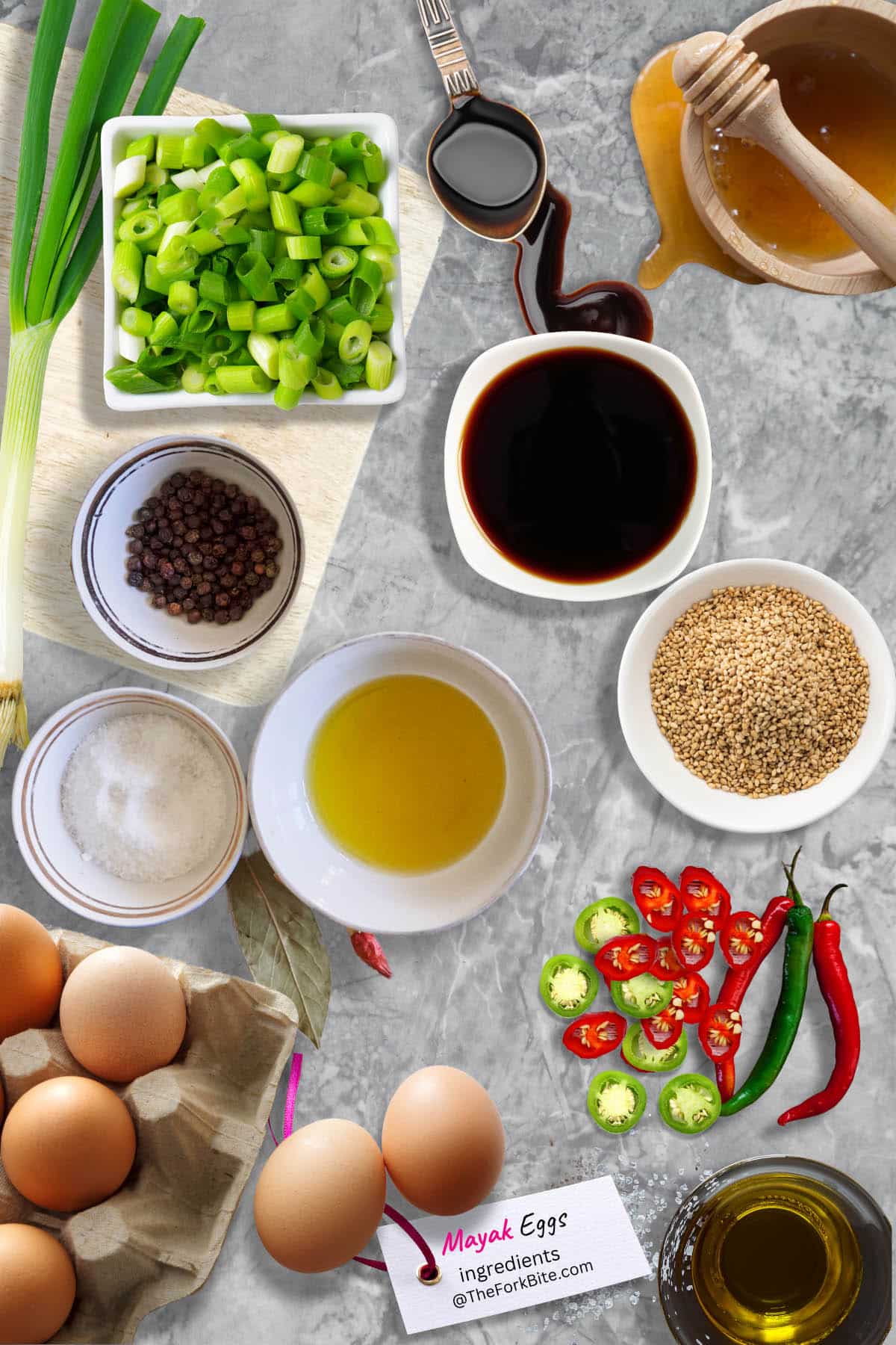 Mayak Egg marinade ingredients: soy sauce, honey, garlic, green onions, chili peppers. Prepare for a delicious Korean recipe.