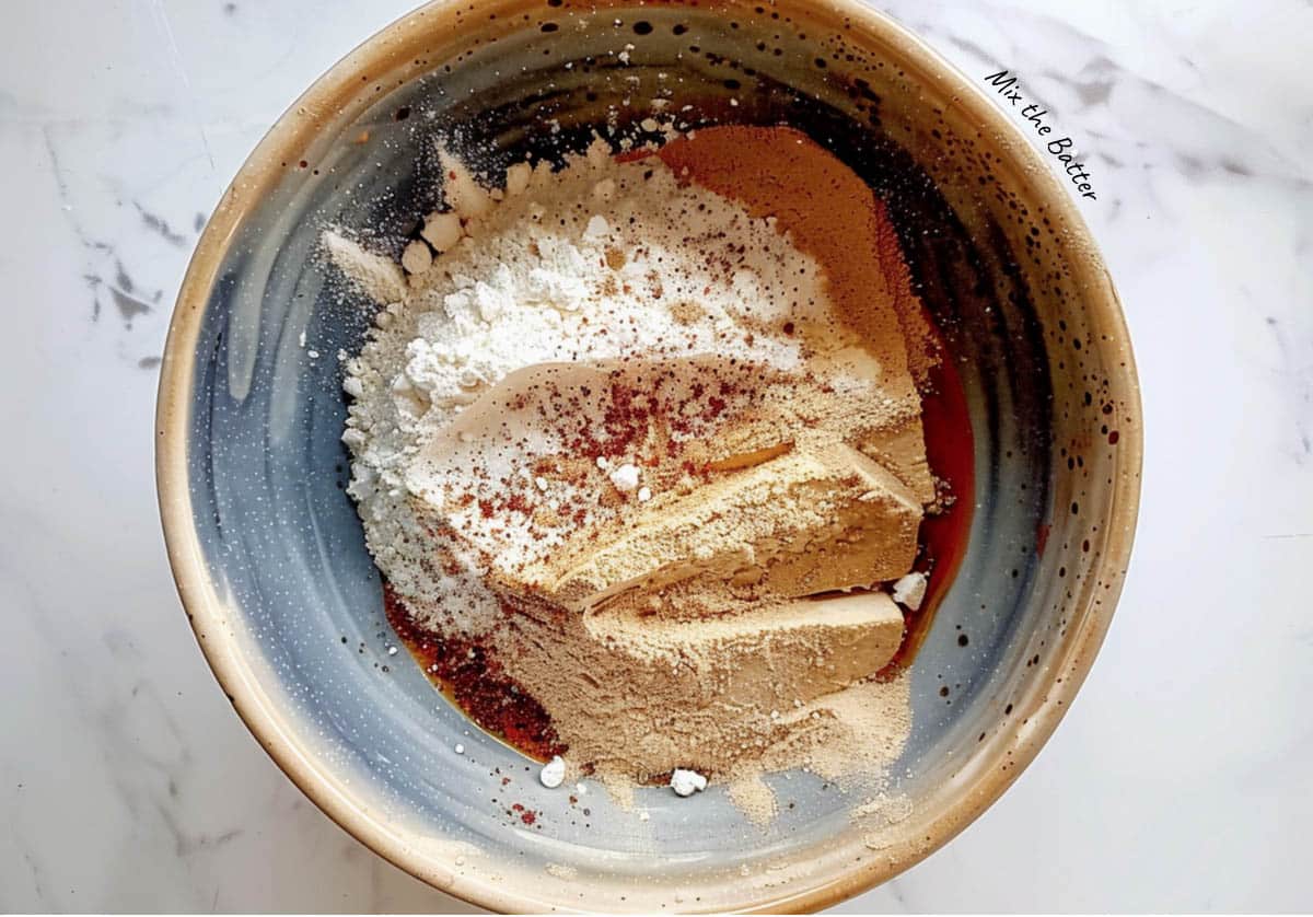 Close-up of the air fryer tofu batter ingredients with spices.