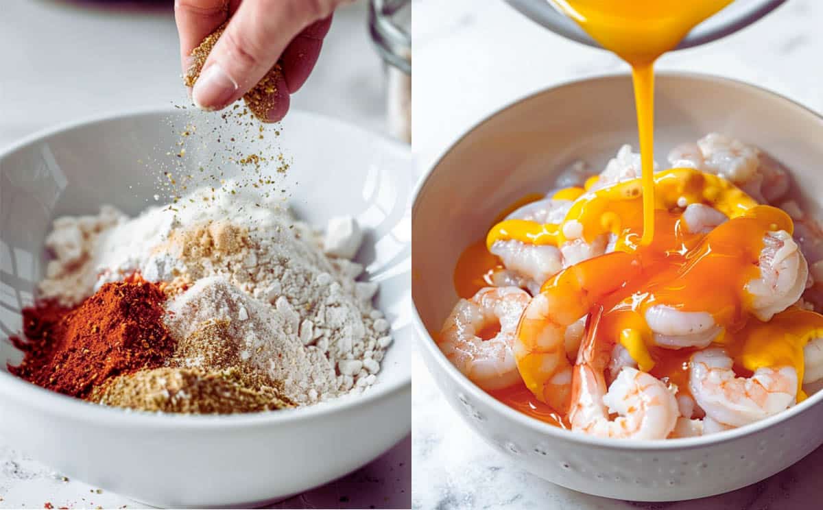 Two bowls; one with whisked dry breading ingredients, the other with shrimp marinating in egg, mustard, and hot sauce.