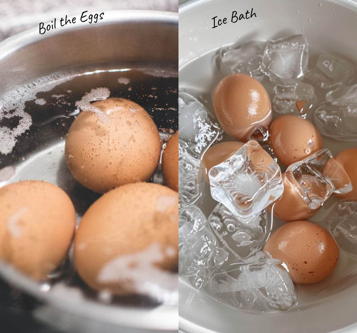Boiled eggs submerged in ice bath for easy peeling