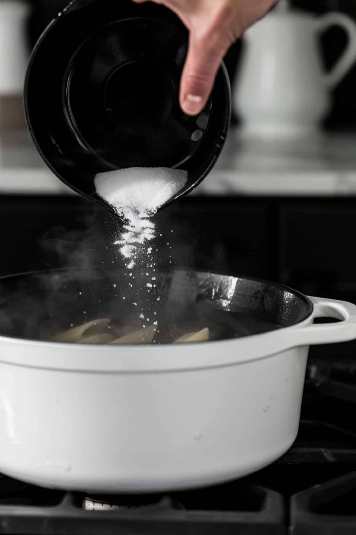 Close-up of coarse salt being sprinkled into a pot of boiling water, emphasizing the act of salting pasta water.