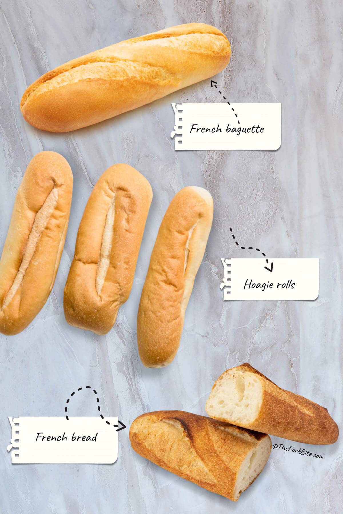 Closeup of Po' Boy bread options: New Orleans French bread, French baguette, and hoagie roll.