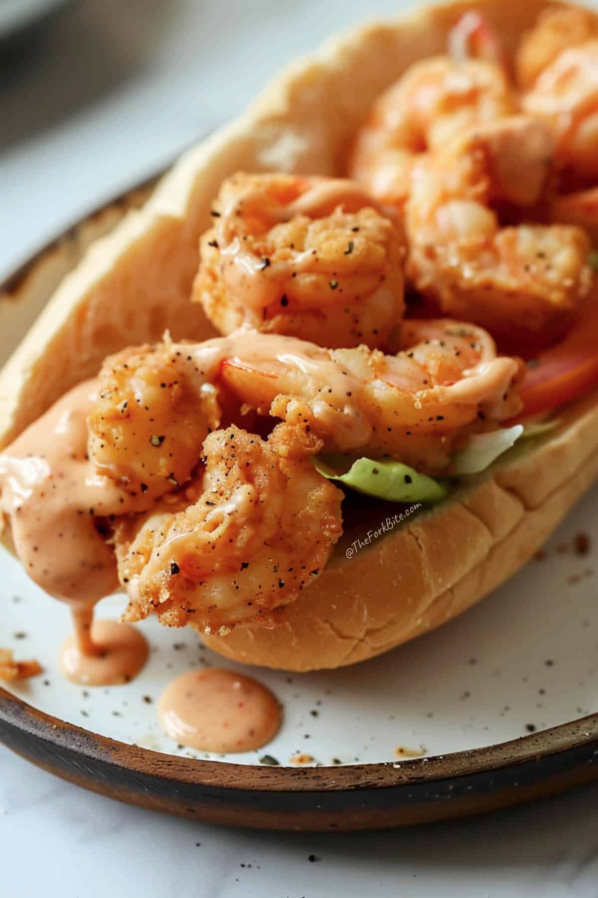 Shrimp po' boy sandwich with crispy fried shrimp, tangy remoulade, on Hoagie roll bread.