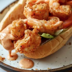 Shrimp po' boy sandwich with crispy fried shrimp, tangy remoulade, on Hoagie roll bread.