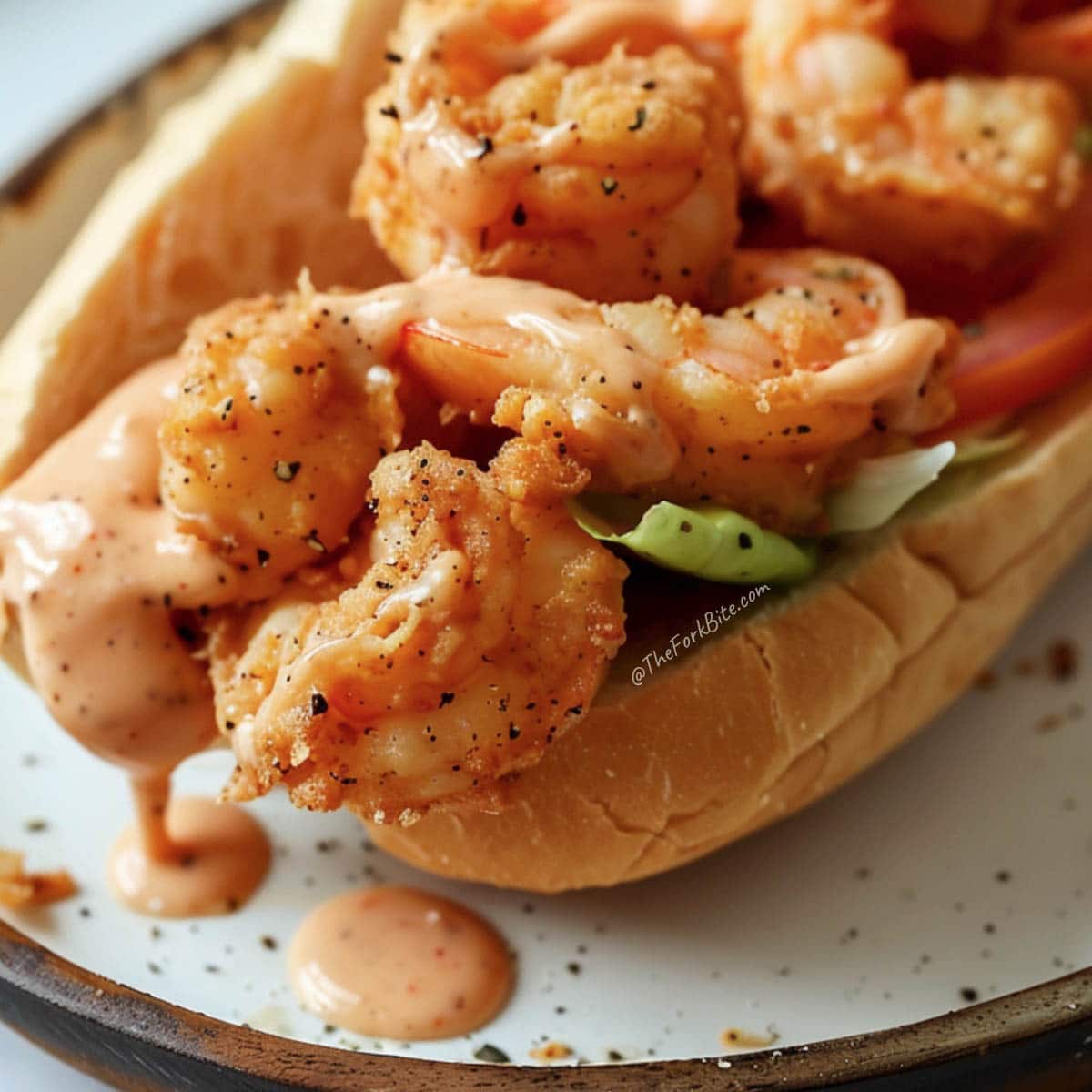 Shrimp po' boy sandwich with crispy fried shrimp, tangy remoulade, on Hoagie roll bread.