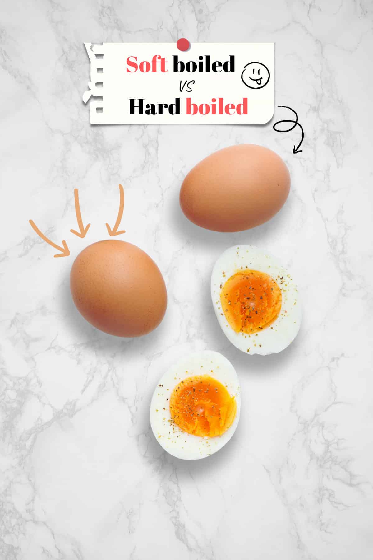 A soft-boiled egg sliced in half with a jammy yolk, and a peeled hard-boiled egg.