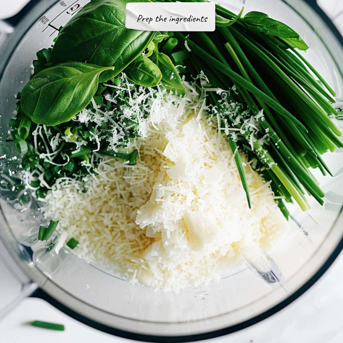 Basil, chives, garlic, and Parmesan cheese, ready to become a delicious basil sauce.