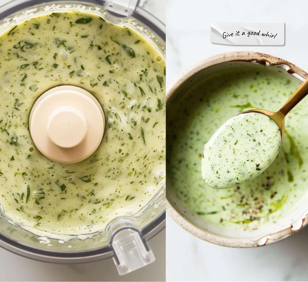 Basil leaves, herbs, and cheese being blended into a bright green sauce in a blender.