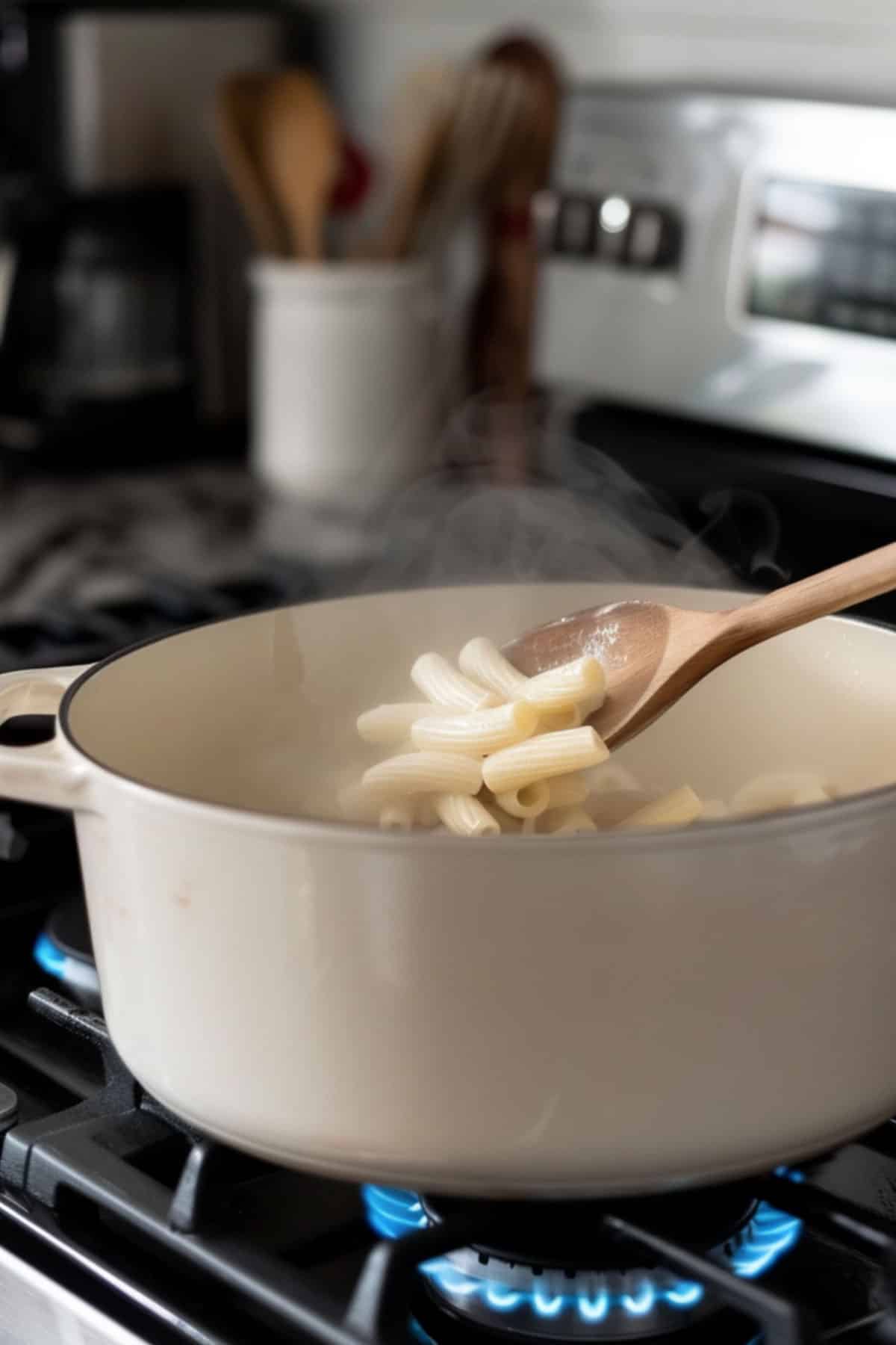 Close-up of a wooden spoon stirring long pasta noodles in a pot of boiling water, preventing them from sticking together.