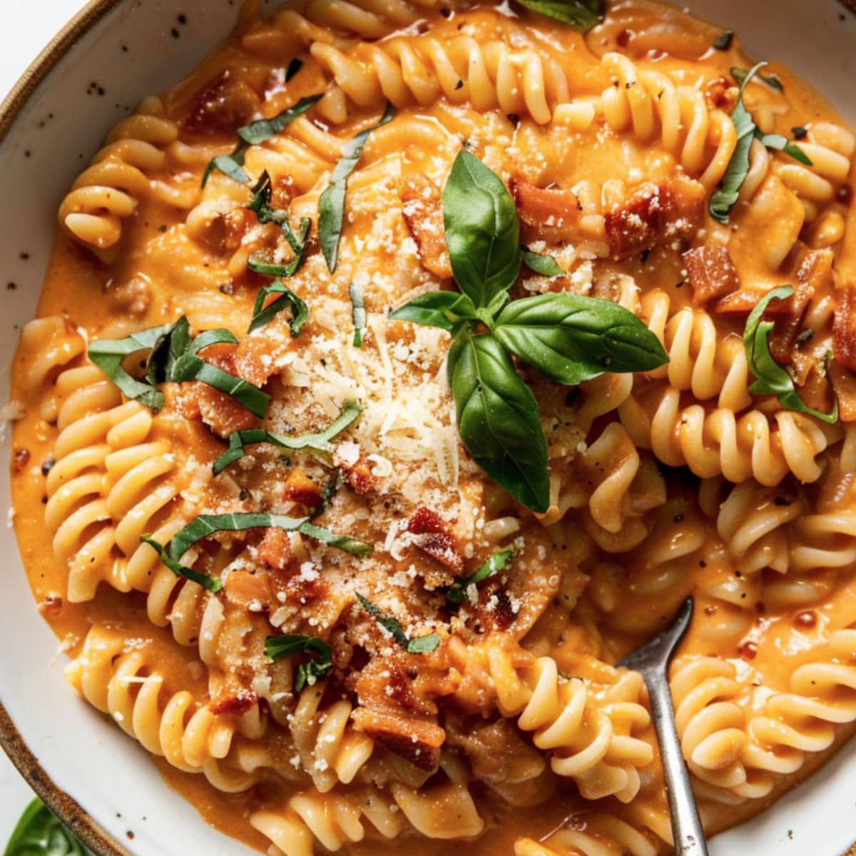 Creamy, rich vodka sauce with a sprinkle of parmesan cheese and a swirl of olive oil, showcasing its velvety texture.