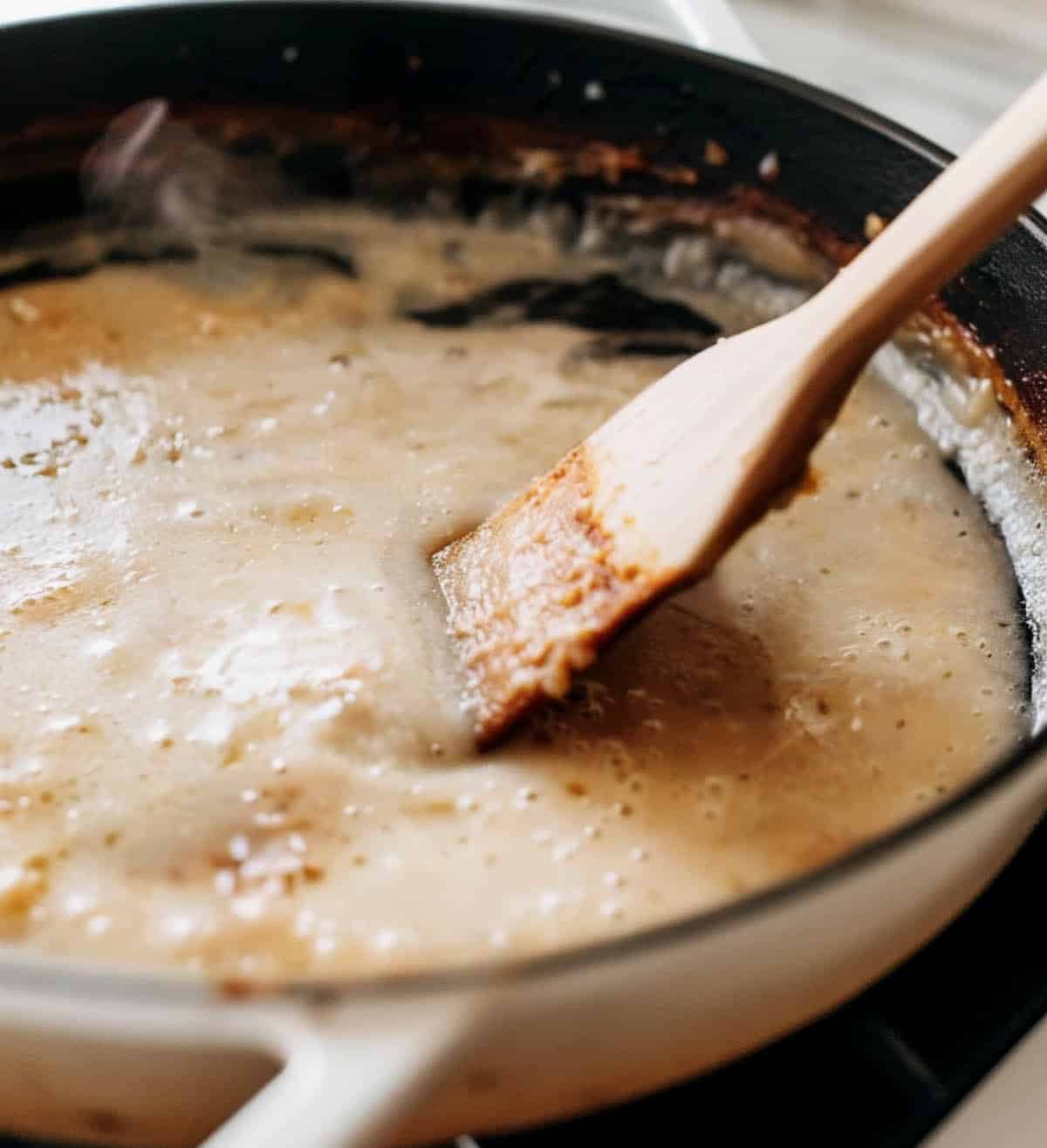 A skillet with a roux of flour ready for the broth to be added to make the Shrimp Étouffée sauce.