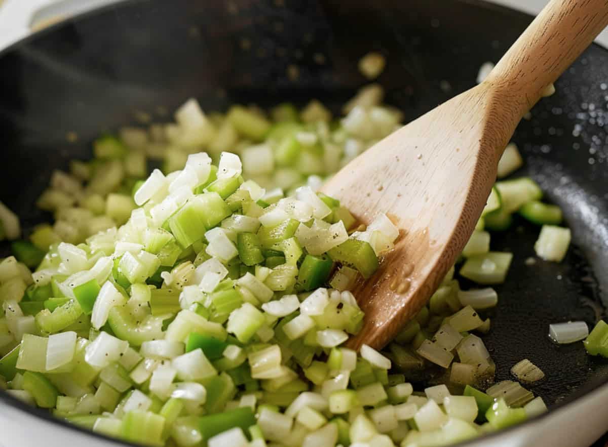 Chopped onions, celery, and bell peppers cooking in a skillet for Shrimp Étouffée.