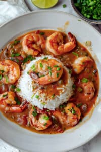 A plate of Shrimp Étouffée served over rice, garnished with green onions and a sprinkle of cayenne pepper.