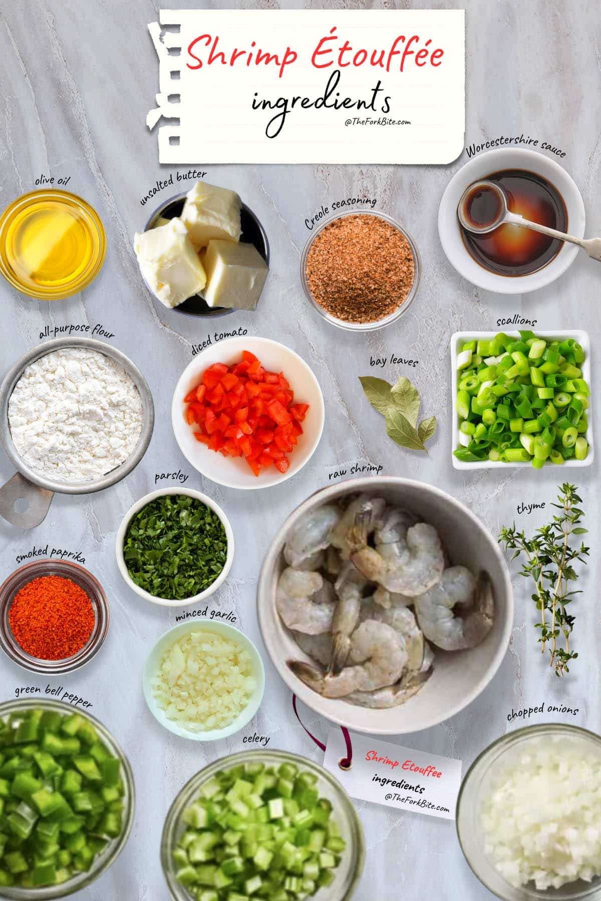 Fresh ingredients for Shrimp Étouffée: shrimp, onions, bell peppers, celery, and spices.