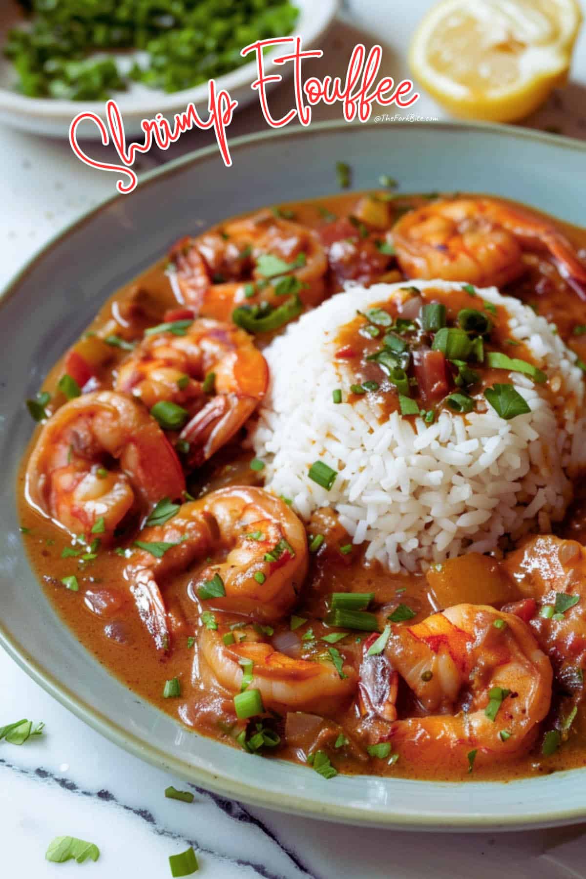 A steaming bowl of Shrimp Étouffée with juicy shrimp and a rich, vibrant sauce.