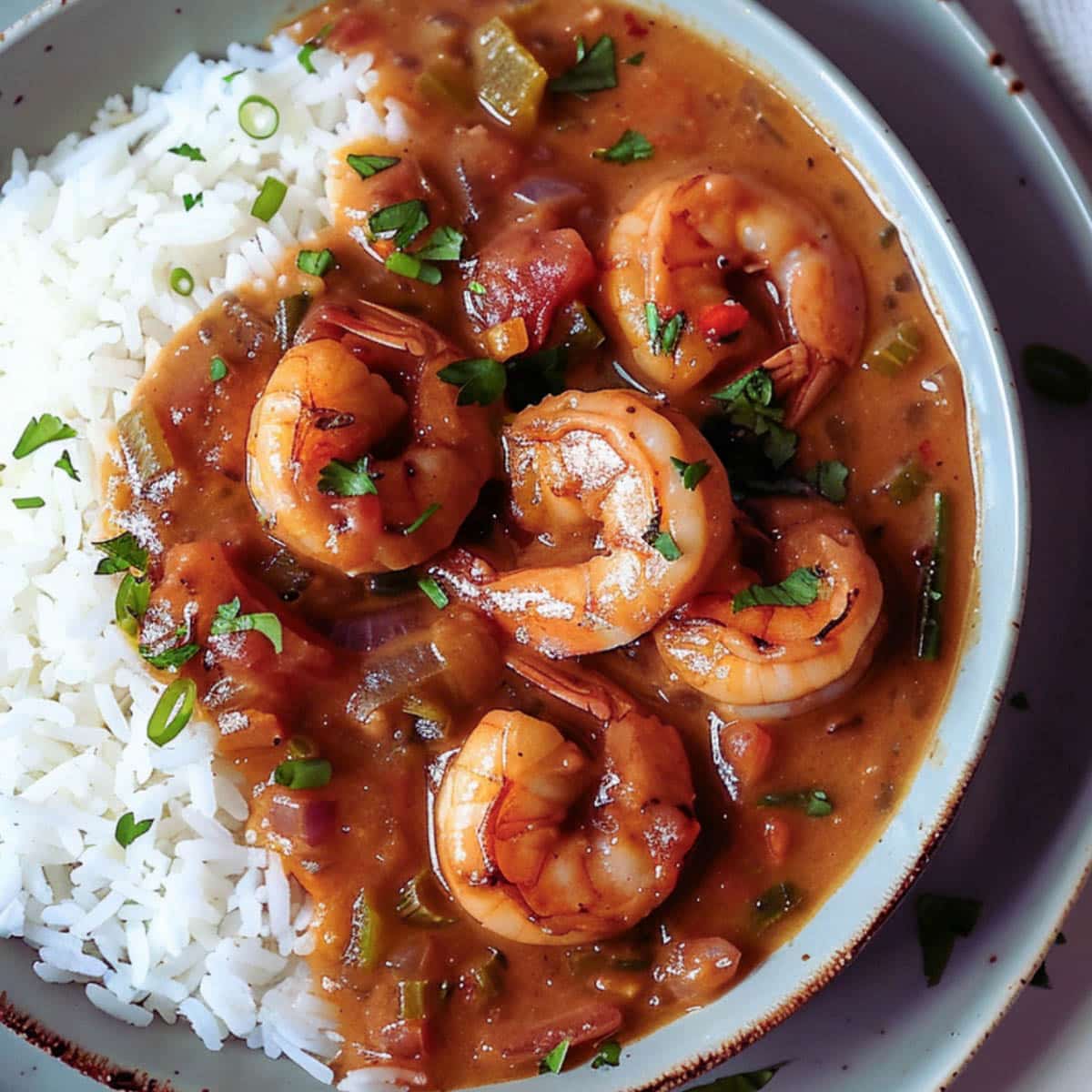 A close-up of Shrimp Étouffée in a plate, with juicy shrimp, a creamy roux, and green onions.