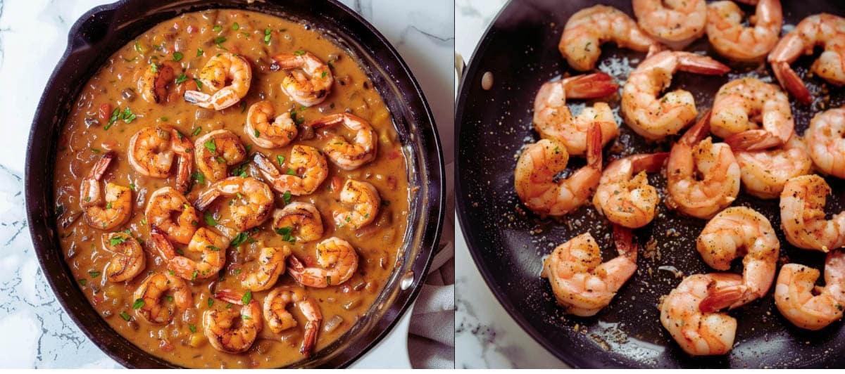 Tender shrimp simmering in a rich, flavorful Étouffée sauce.