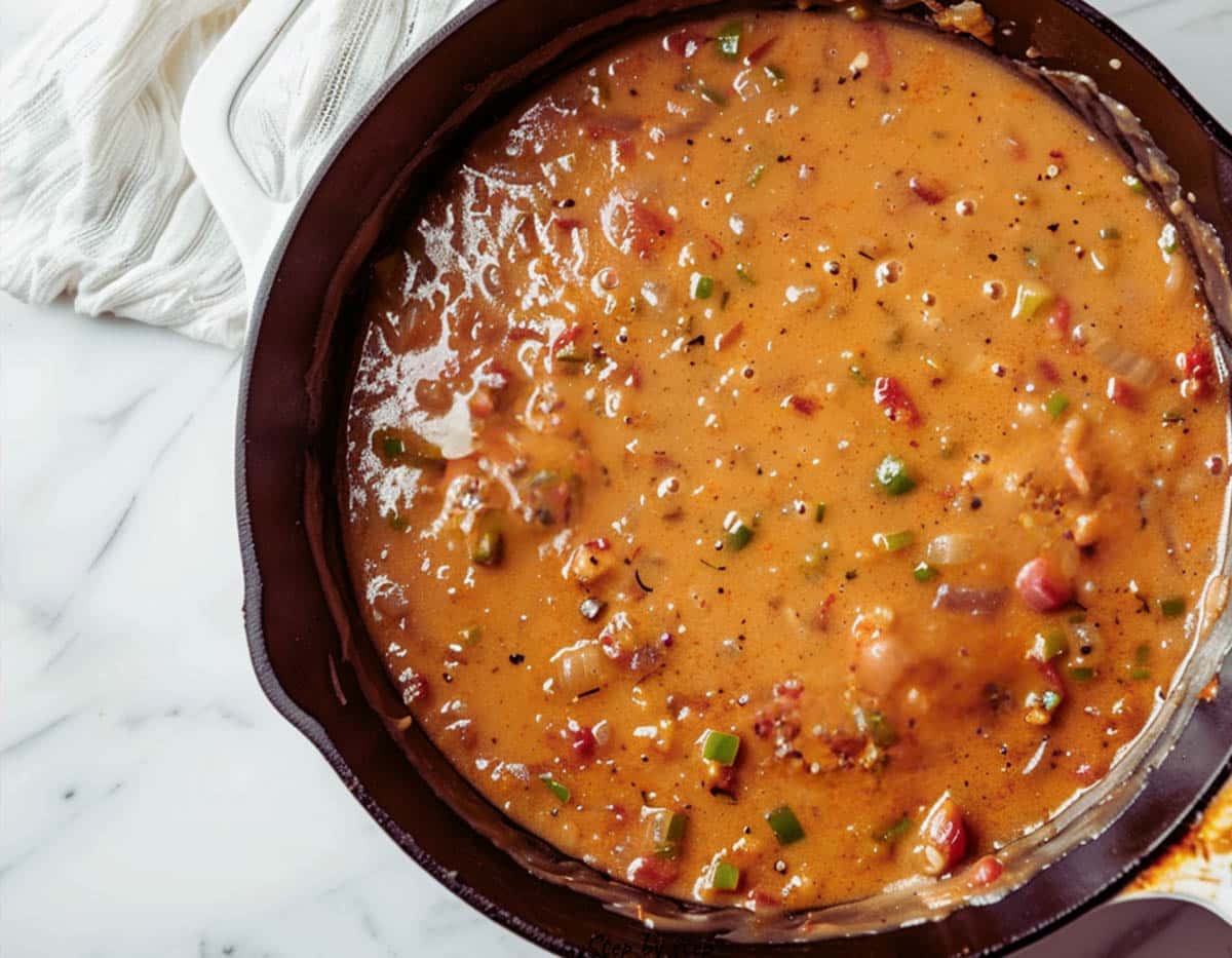 A pot of Shrimp Étouffée simmering on the stove, with a rich, flavorful sauce.