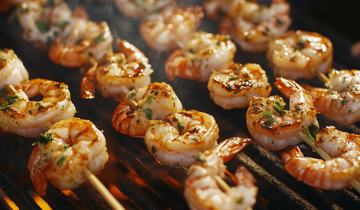 Garlic butter shrimp skewers sizzling on a hot grill, golden-browned with fresh herb garnish.