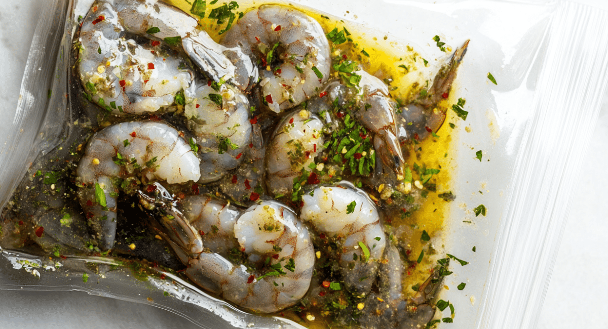 Raw shrimp marinating in a zesty garlic butter mixture with chili flakes and fresh herbs inside a sealed plastic bag.