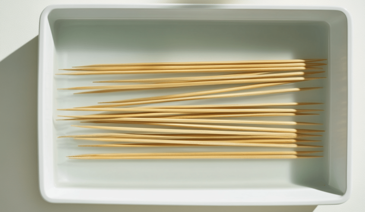 Bamboo skewers neatly arranged in a white tray, ready for threading shrimp.