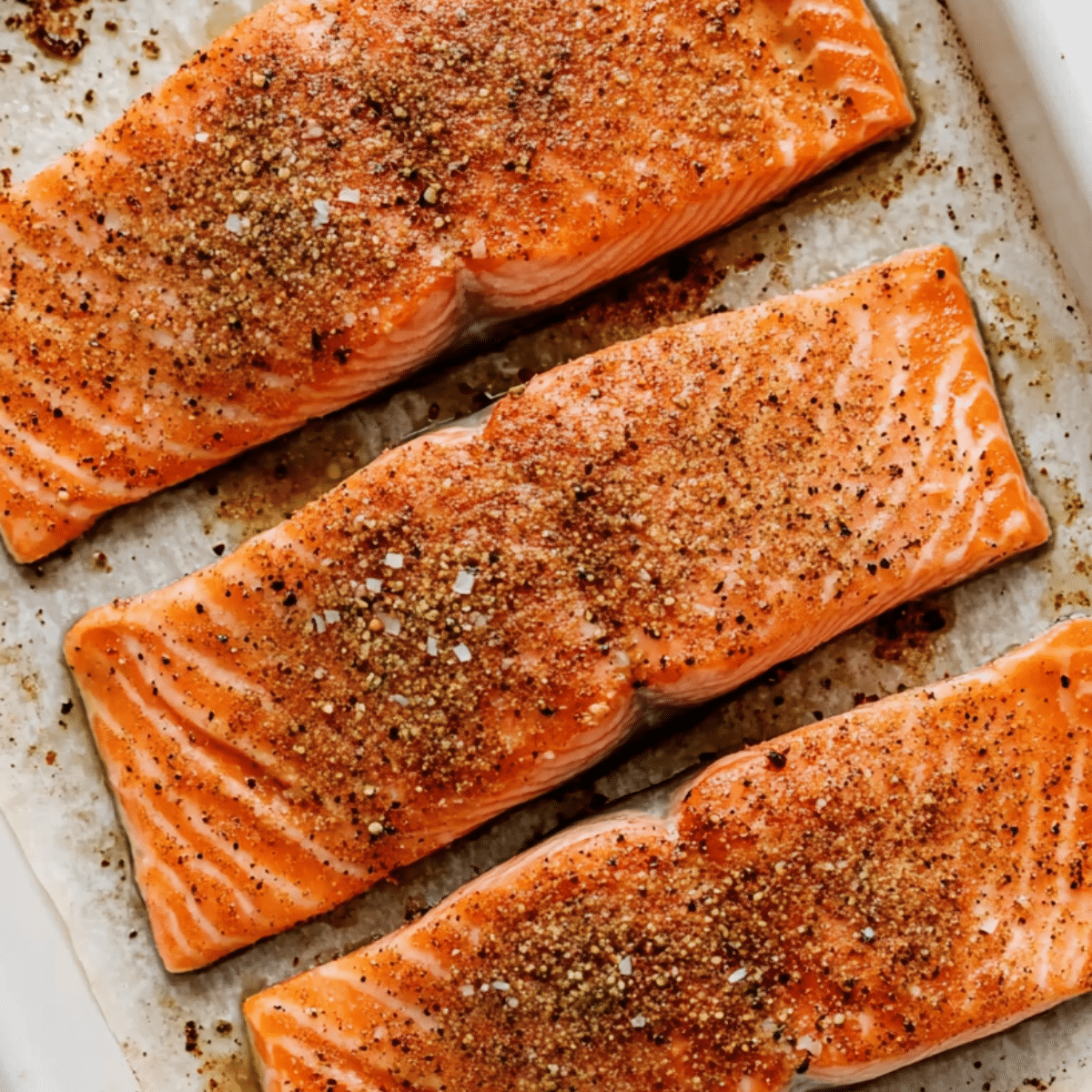 Close-up of seasoned salmon fillets on a baking sheet, ready for the oven.