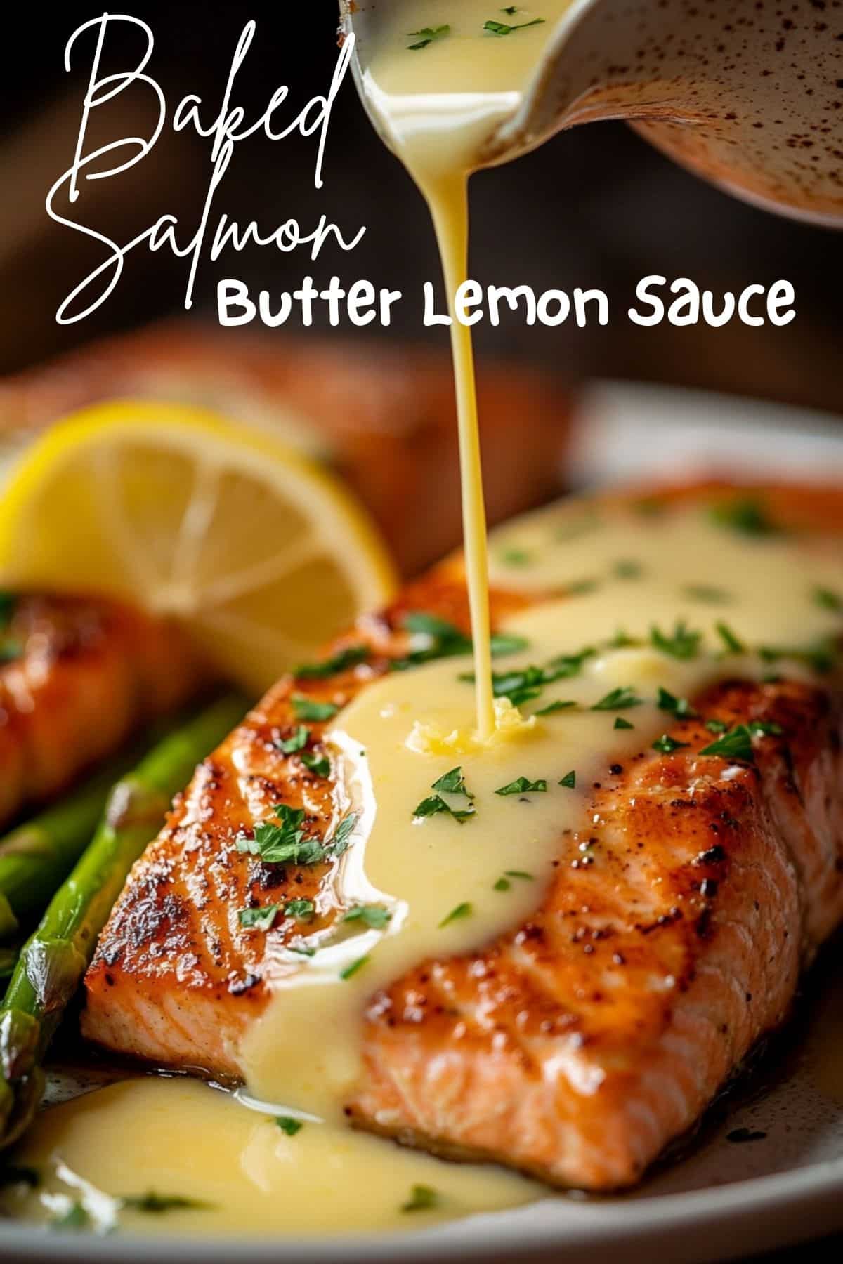 Baked salmon fillet drizzled with creamy butter lemon sauce, garnished with parsley.