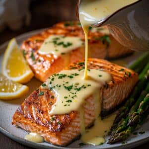 Baked salmon fillets drizzled with butter lemon sauce, garnished with parsley and served with asparagus.