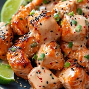 Crispy air-fried salmon bites drizzled with creamy Bang Bang sauce, garnished with sesame seeds, green onions, and chili flakes.