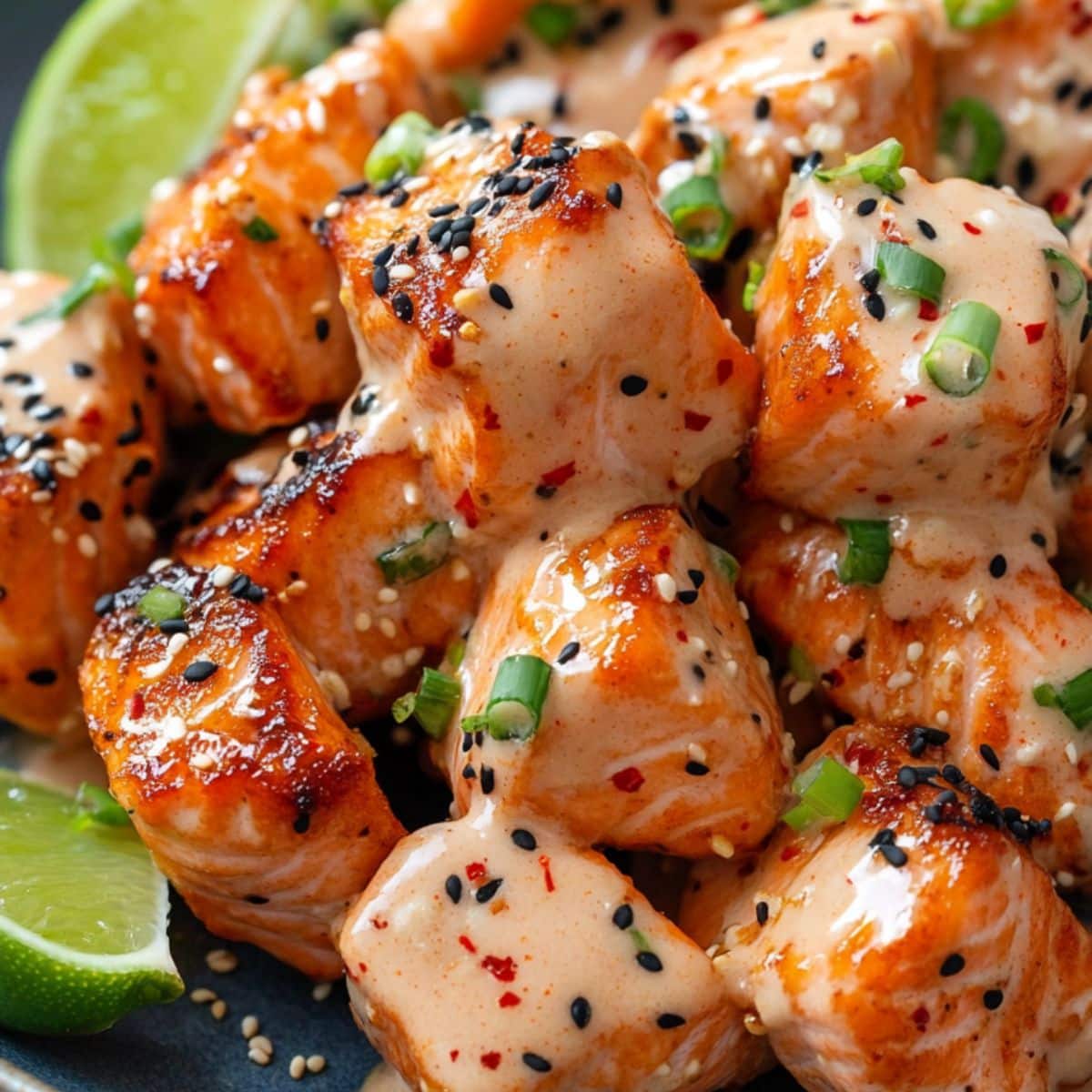 Crispy air-fried salmon bites drizzled with creamy Bang Bang sauce, garnished with sesame seeds, green onions, and chili flakes.