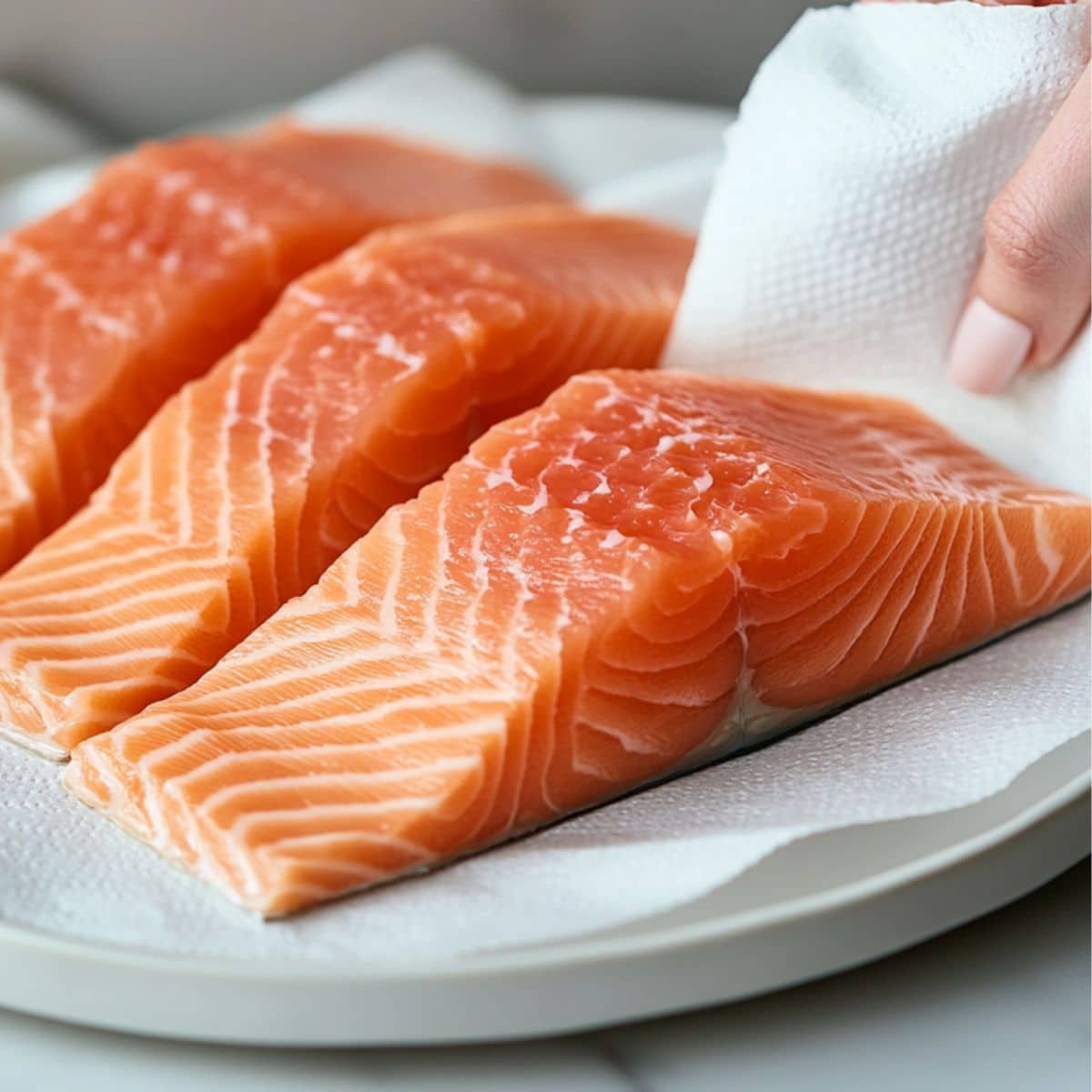 Fresh salmon fillets being patted dry with a paper towel.