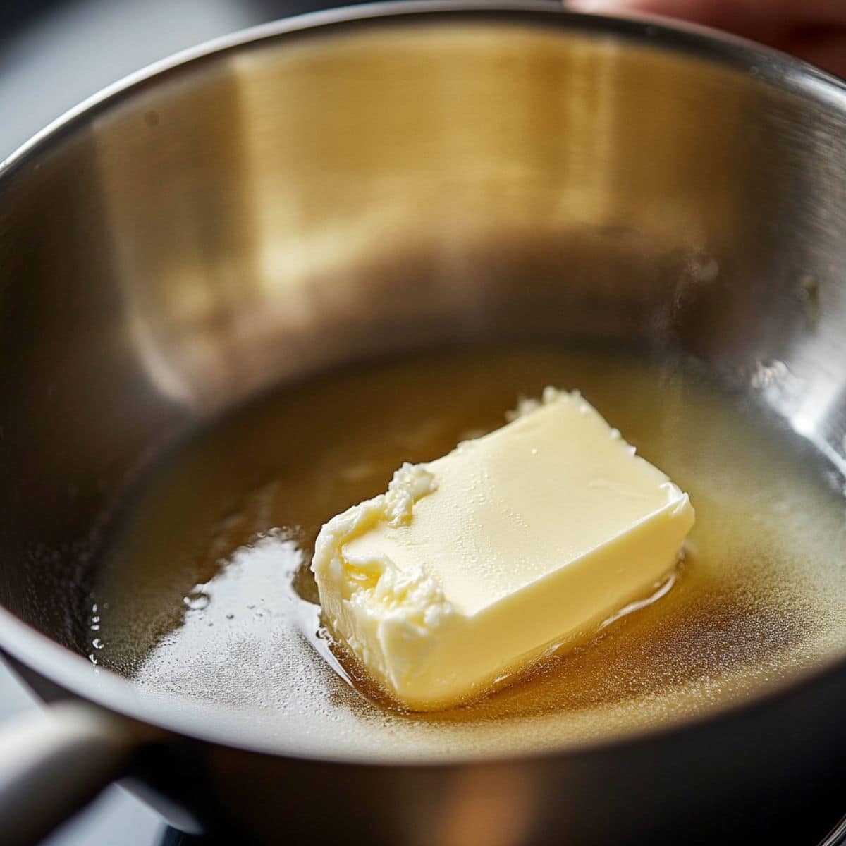 A block of butter melting in a stainless steel pan.